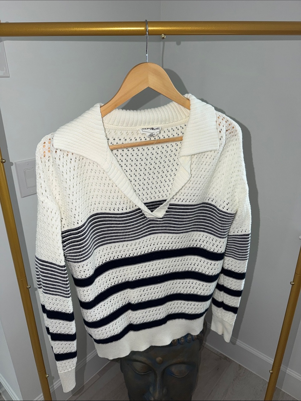 Unknown Brand Cream and Navy Striped Open-Knit Sweater